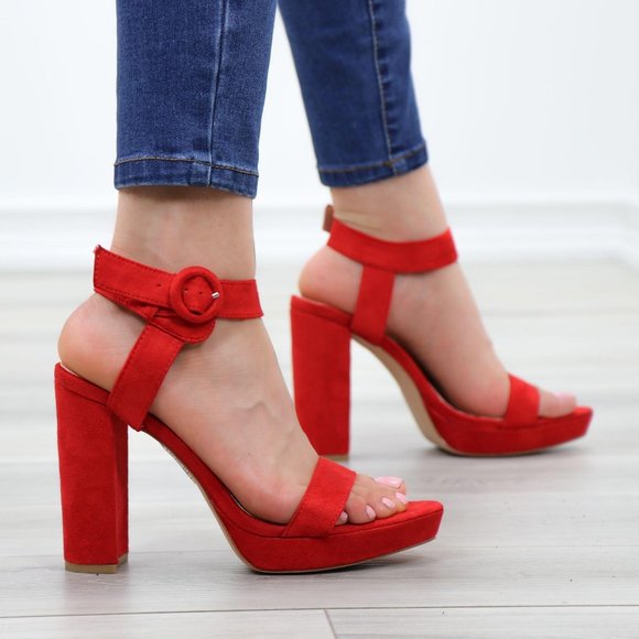 Faux Suede Red Platform Open Pointy Toe High Heels - Picture 1 of 14